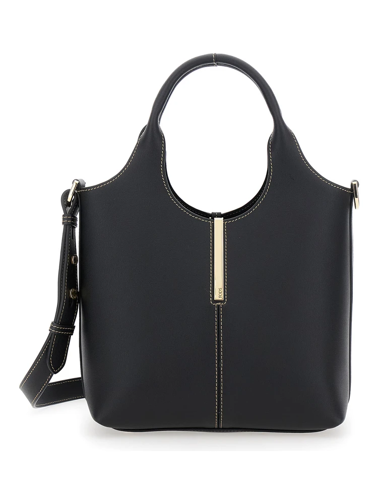 Ebr Mini Black Shoulder Bag with Logo Metal Plate in Leather Woman