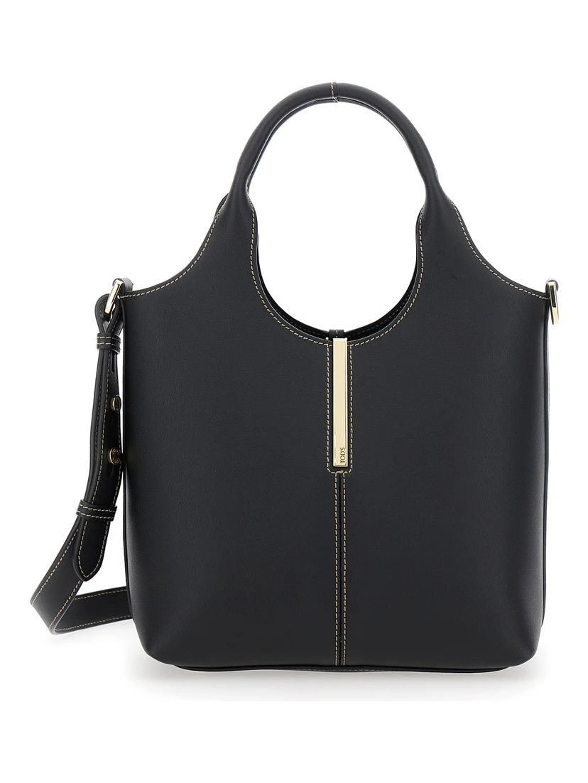 Ebr Mini Black Shoulder Bag with Logo Metal Plate in Leather Woman