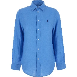 Classic Fit Blue Shirt with Pointed Collar and Pony Logo Embroidered on the Front in Linen Woman