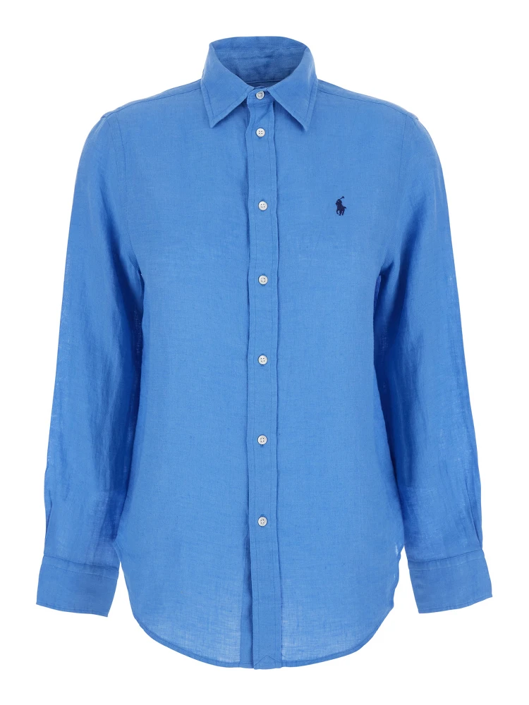 Classic Fit Blue Shirt with Pointed Collar and Pony Logo Embroidered on the Front in Linen Woman