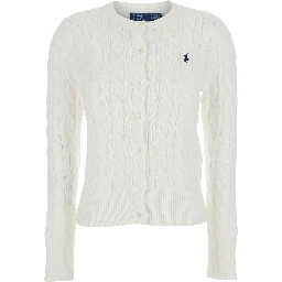 White Crewneck Cable Knit Cardigan with Pony Embroidery on the Front in Cotton Woman