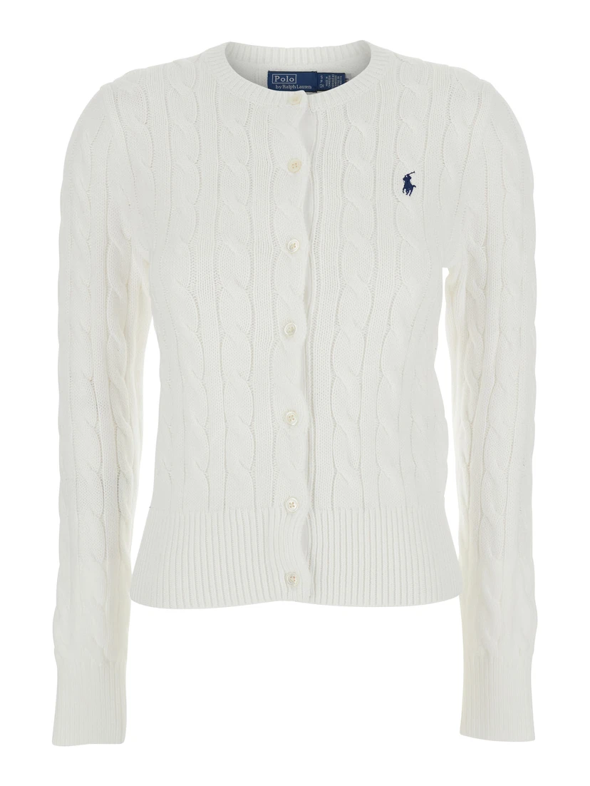White Crewneck Cable Knit Cardigan with Pony Embroidery on the Front in Cotton Woman
