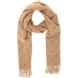Beige Scarf with All-Over T Motif Monogram and Fringed Edges in Wool Woman