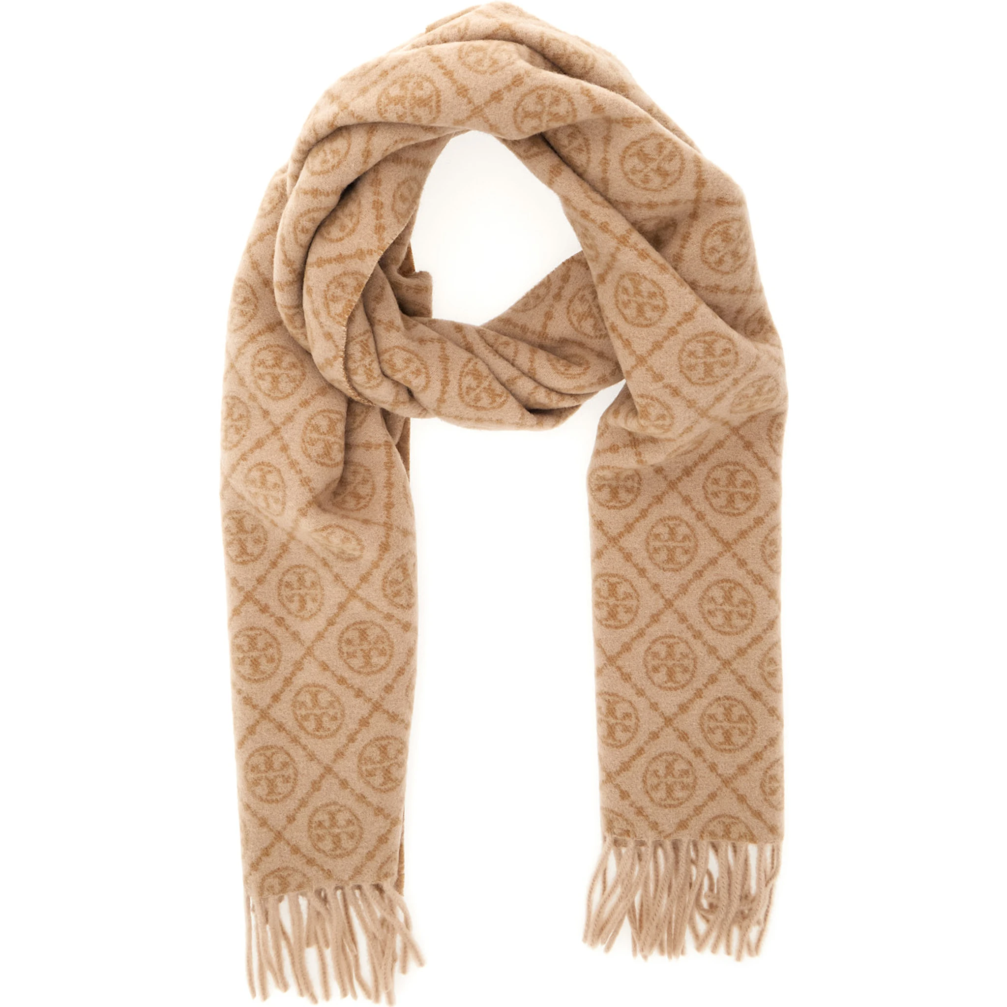 Beige Scarf with All-Over T Motif Monogram and Fringed Edges in Wool Woman