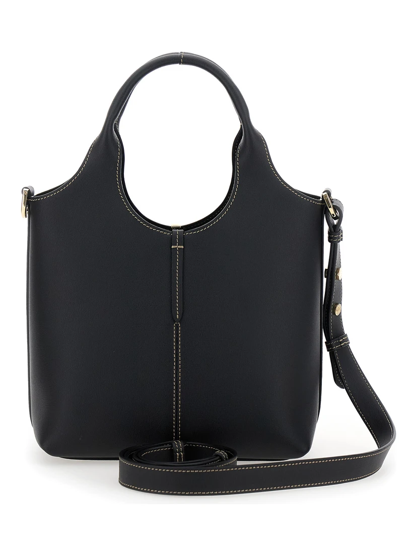 Ebr Mini Black Shoulder Bag with Logo Metal Plate in Leather Woman