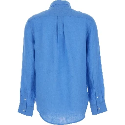 Classic Fit Blue Shirt with Pointed Collar and Pony Logo Embroidered on the Front in Linen Woman