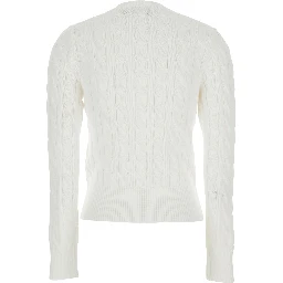 White Crewneck Cable Knit Cardigan with Pony Embroidery on the Front in Cotton Woman