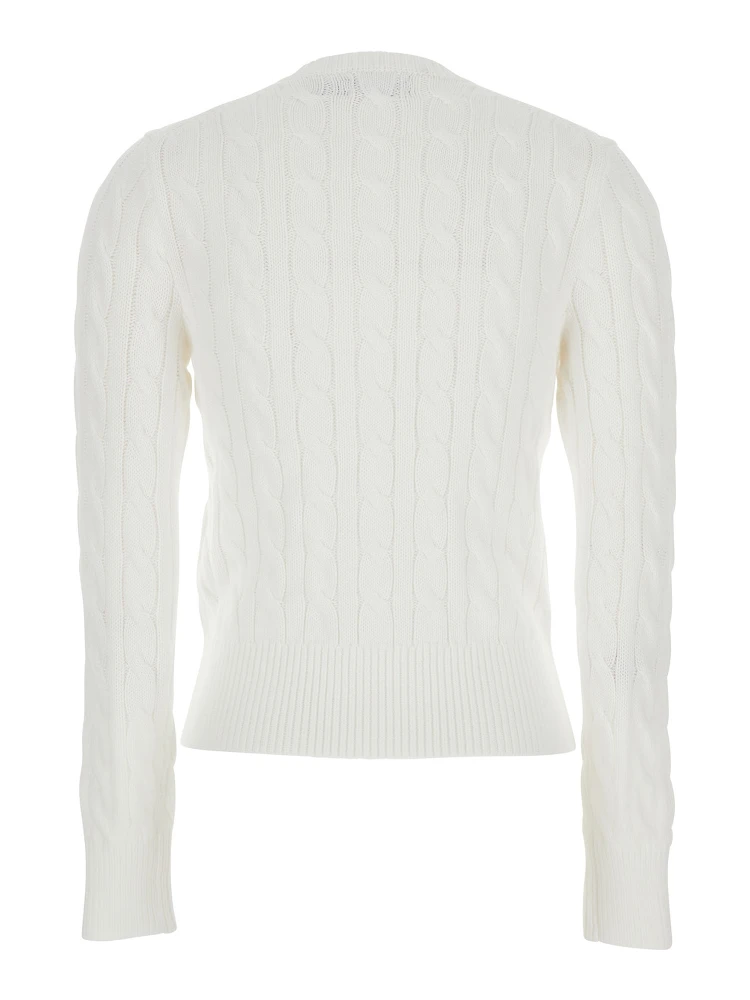 White Crewneck Cable Knit Cardigan with Pony Embroidery on the Front in Cotton Woman alternative