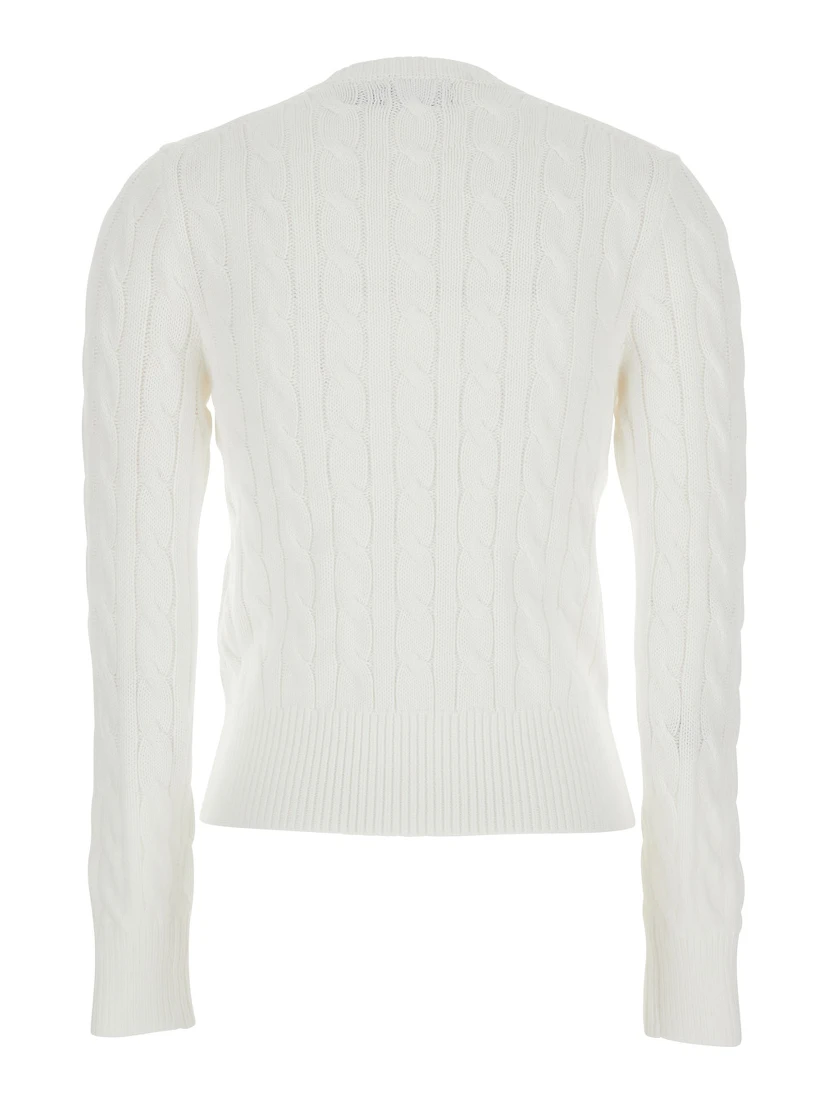 White Crewneck Cable Knit Cardigan with Pony Embroidery on the Front in Cotton Woman