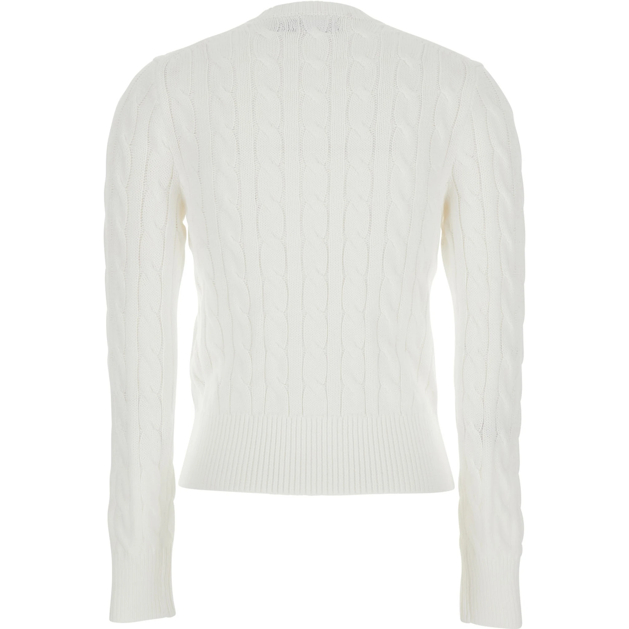 White Crewneck Cable Knit Cardigan with Pony Embroidery on the Front in Cotton Woman