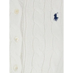 White Crewneck Cable Knit Cardigan with Pony Embroidery on the Front in Cotton Woman
