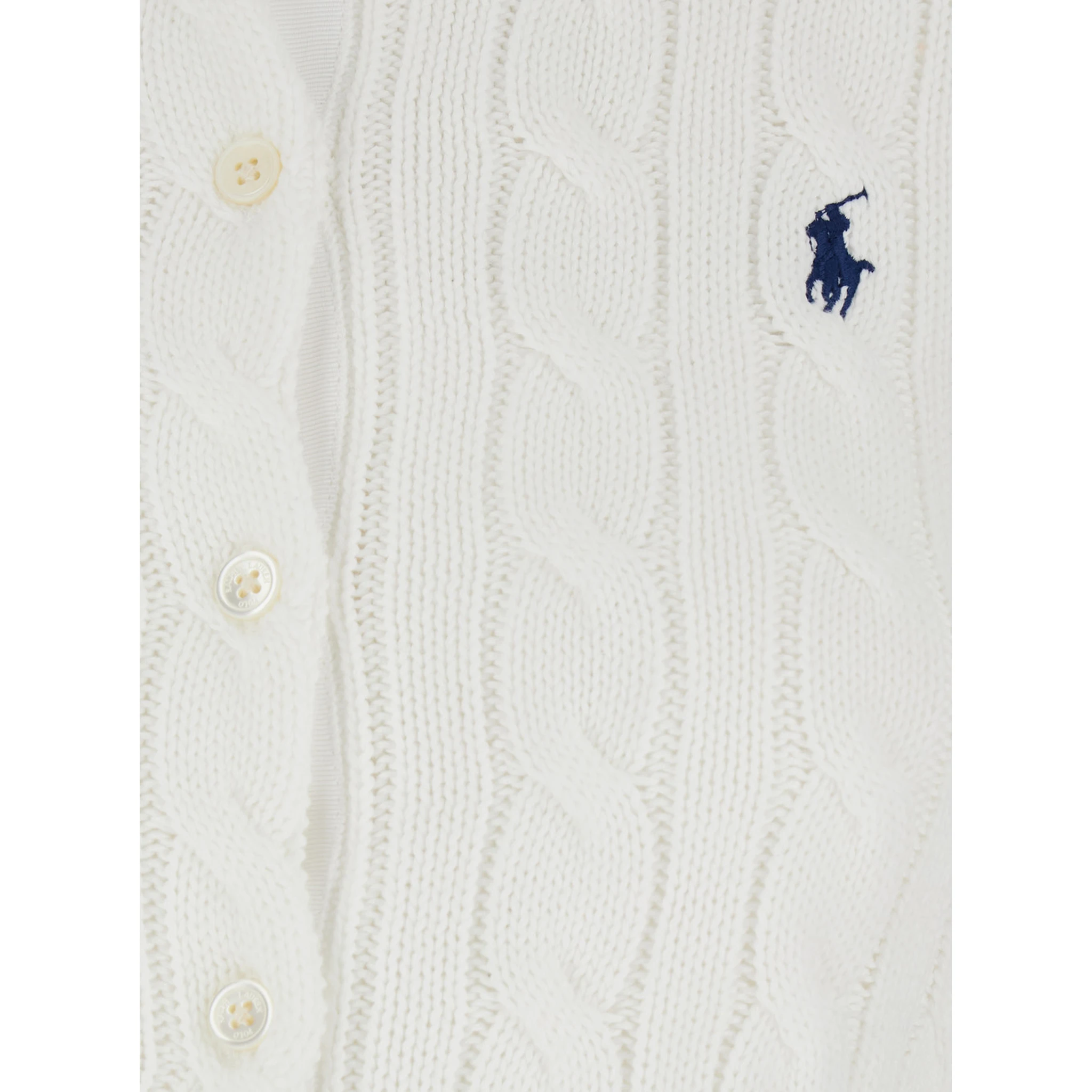 White Crewneck Cable Knit Cardigan with Pony Embroidery on the Front in Cotton Woman