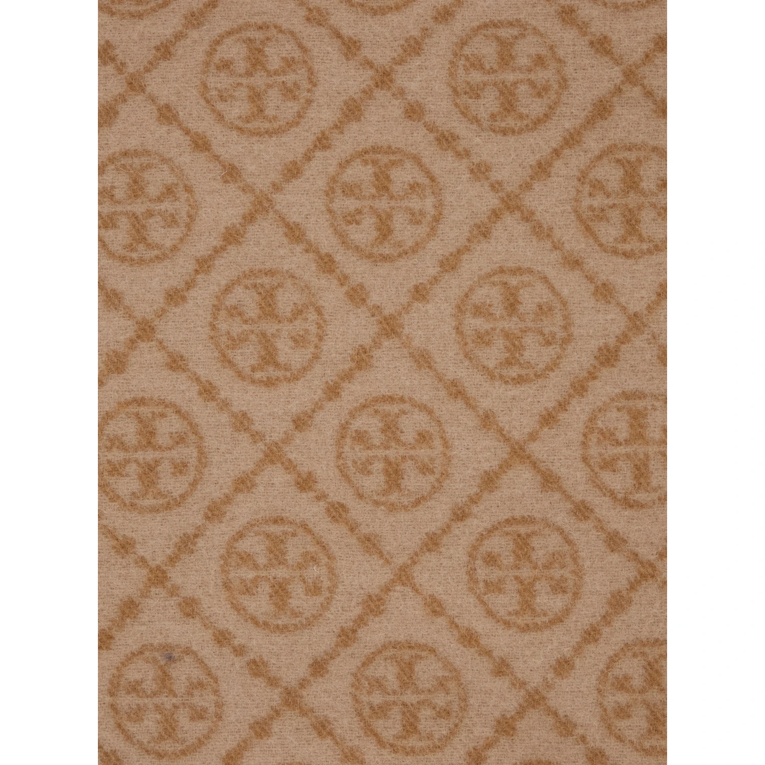 Beige Scarf with All-Over T Motif Monogram and Fringed Edges in Wool Woman