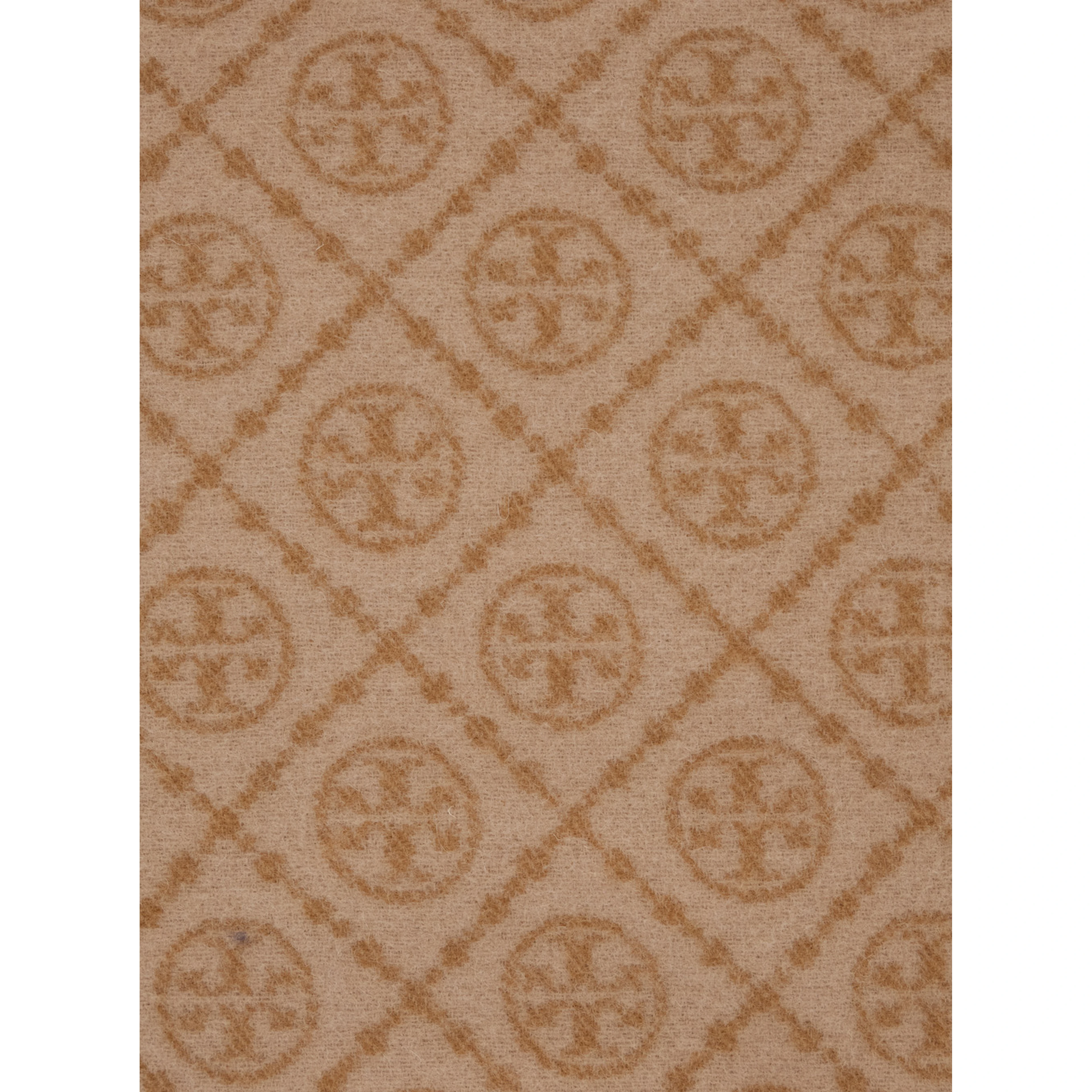 Beige Scarf with All-Over T Motif Monogram and Fringed Edges in Wool Woman