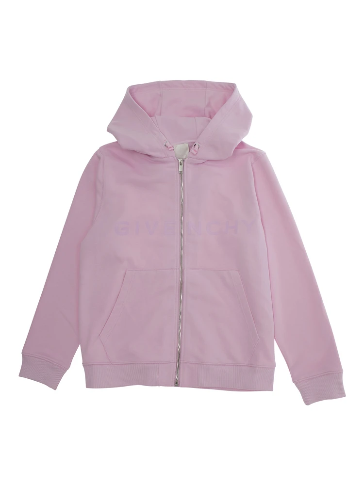 Pink Cardigan with Fixed Hood and Logo Lettering in Cotton Boy