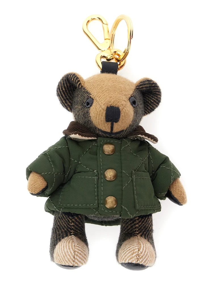 Green Thomas Countryside Keychain with Bear Charm and Lobster Claw in Cashmere and Metal Woman