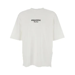 White T-Shirt with Logo Print on the Front in Cotton Man