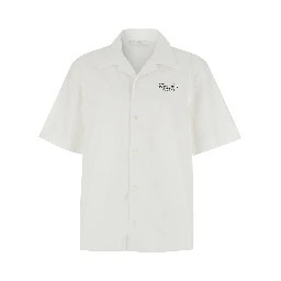 White Bowling Shirt with Cuban Collar and Logo Print on Front and Back in Cotton Man