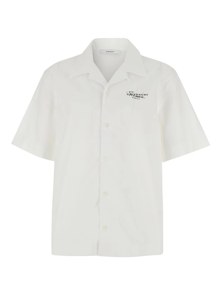 White Bowling Shirt with Cuban Collar and Logo Print on Front and Back in Cotton Man