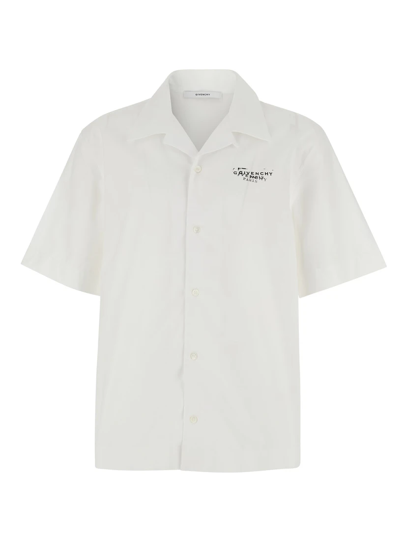 White Bowling Shirt with Cuban Collar and Logo Print on Front and Back in Cotton Man