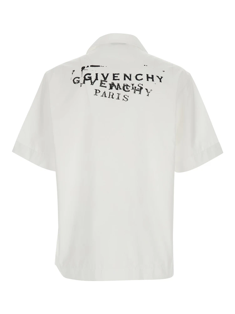 White Bowling Shirt with Cuban Collar and Logo Print on Front and Back in Cotton Man alternative