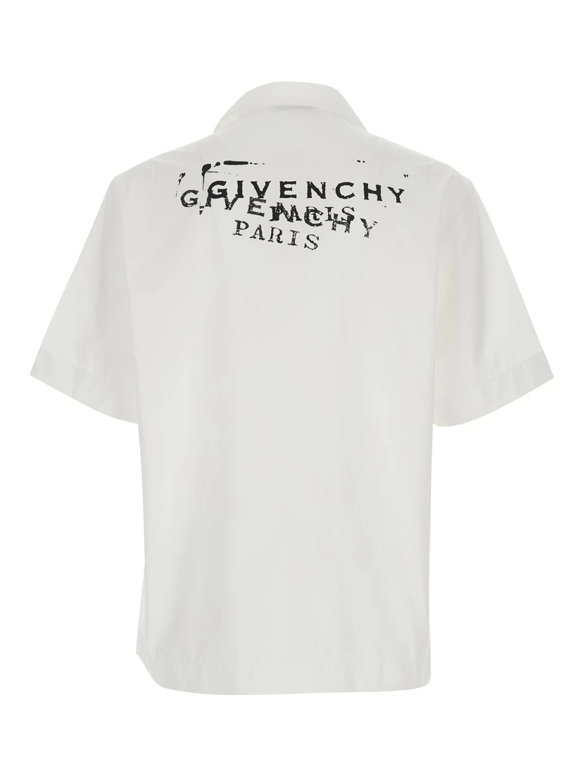 White Bowling Shirt with Cuban Collar and Logo Print on Front and Back in Cotton Man