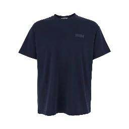 Blue Crew Neck T-Shirt with Chest Logo Patch in Cotton Man