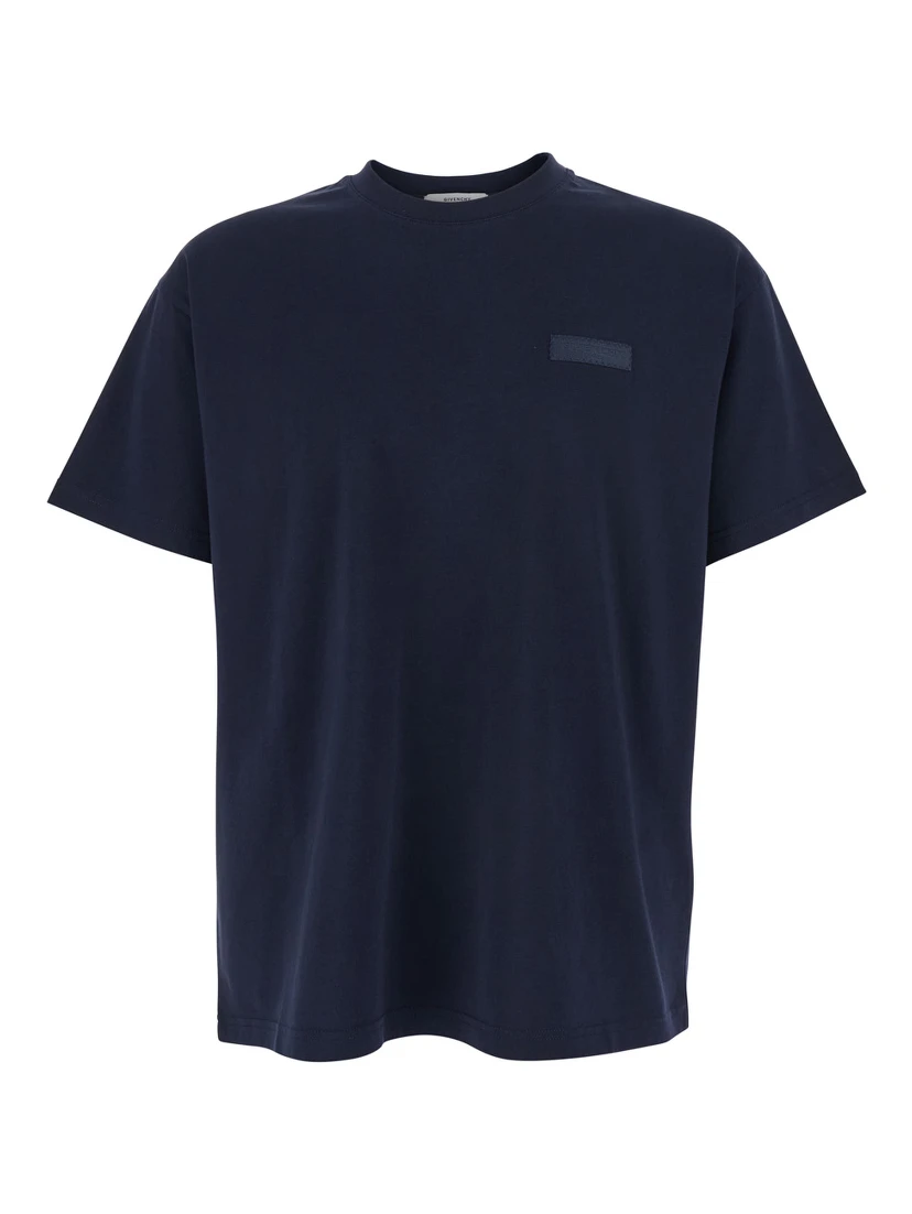 Blue Crew Neck T-Shirt with Chest Logo Patch in Cotton Man