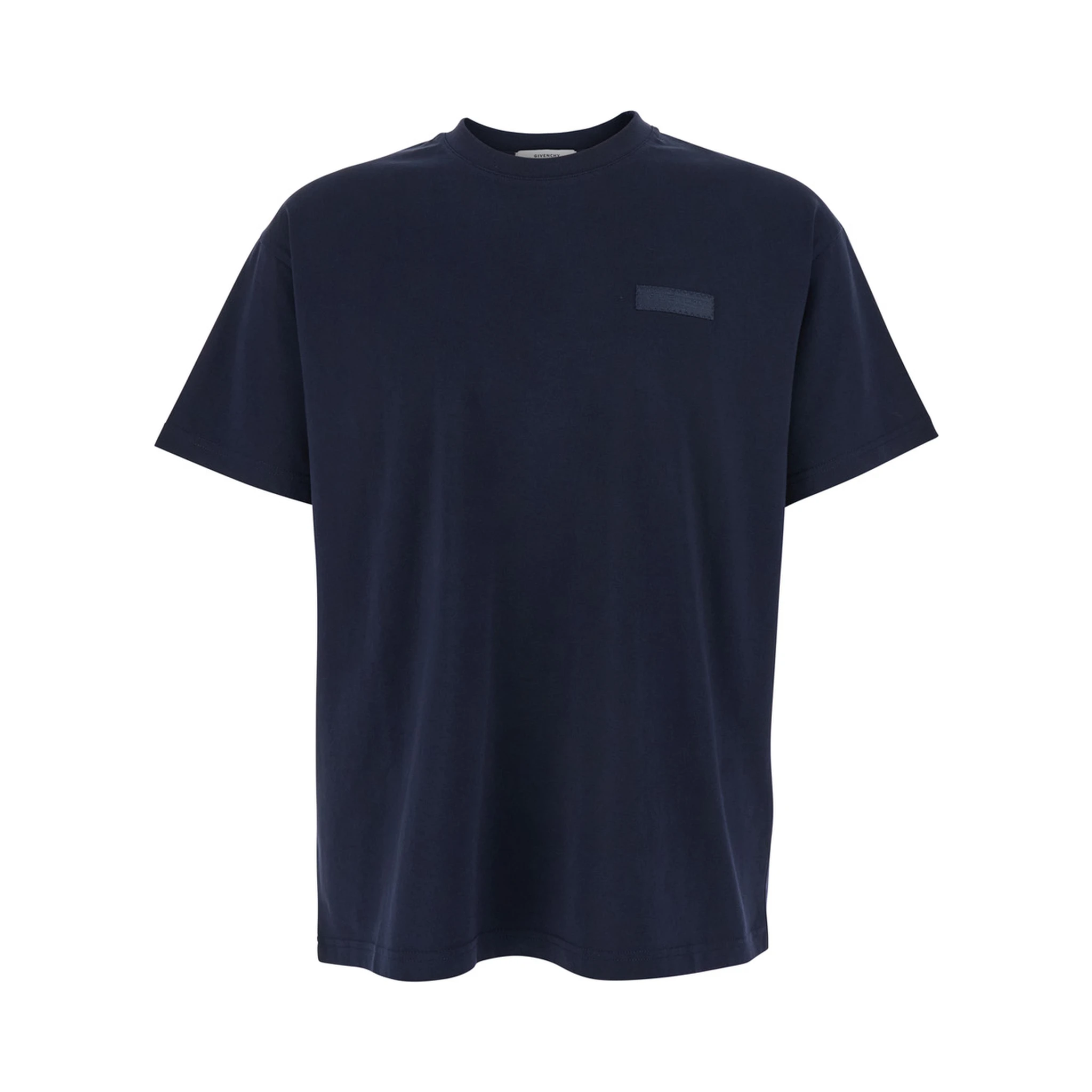 Blue Crew Neck T-Shirt with Chest Logo Patch in Cotton Man