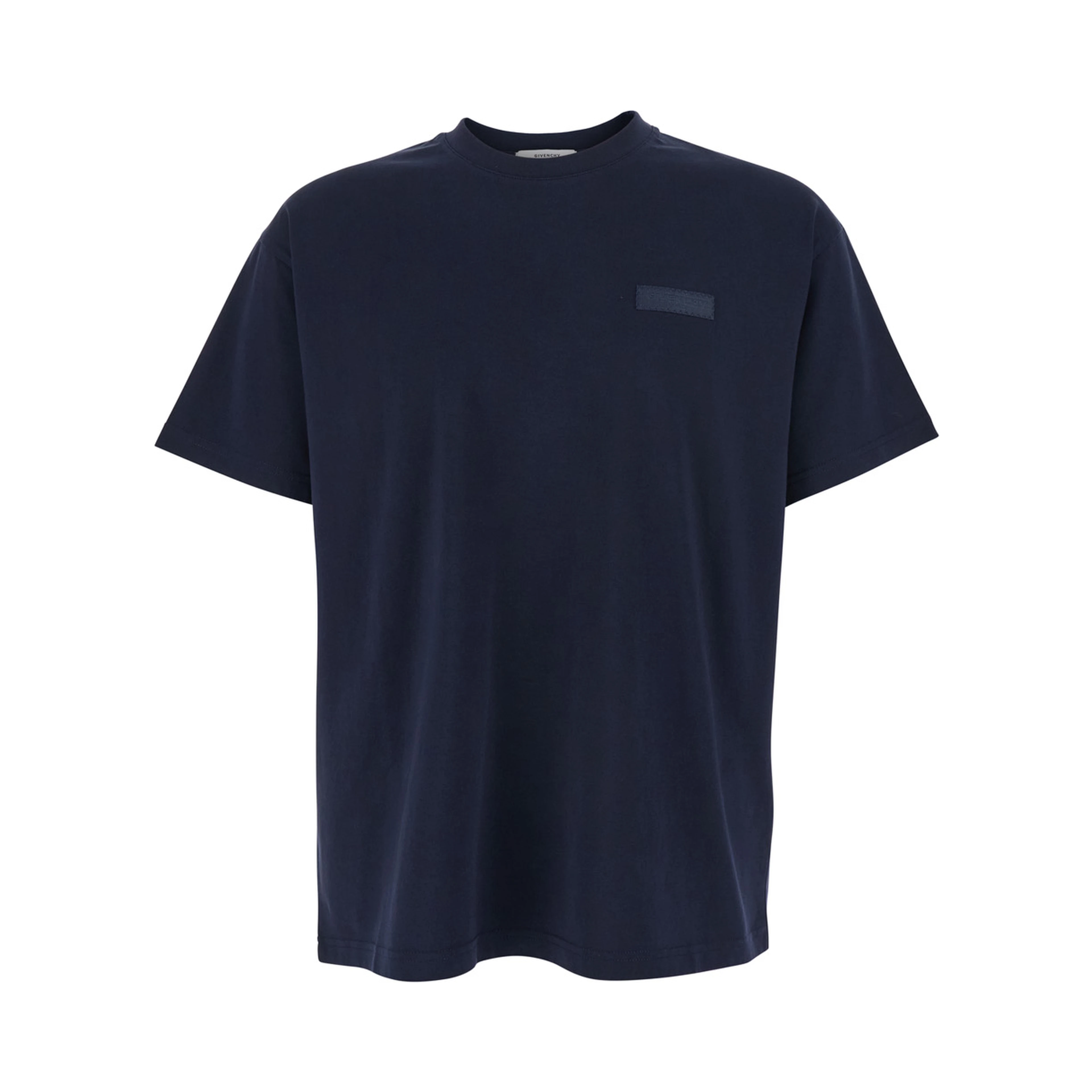 Blue Crew Neck T-Shirt with Chest Logo Patch in Cotton Man