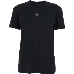 Black Crewneck T-Shirt with Logo Embroidery with Beads on the Front in Cotton Woman