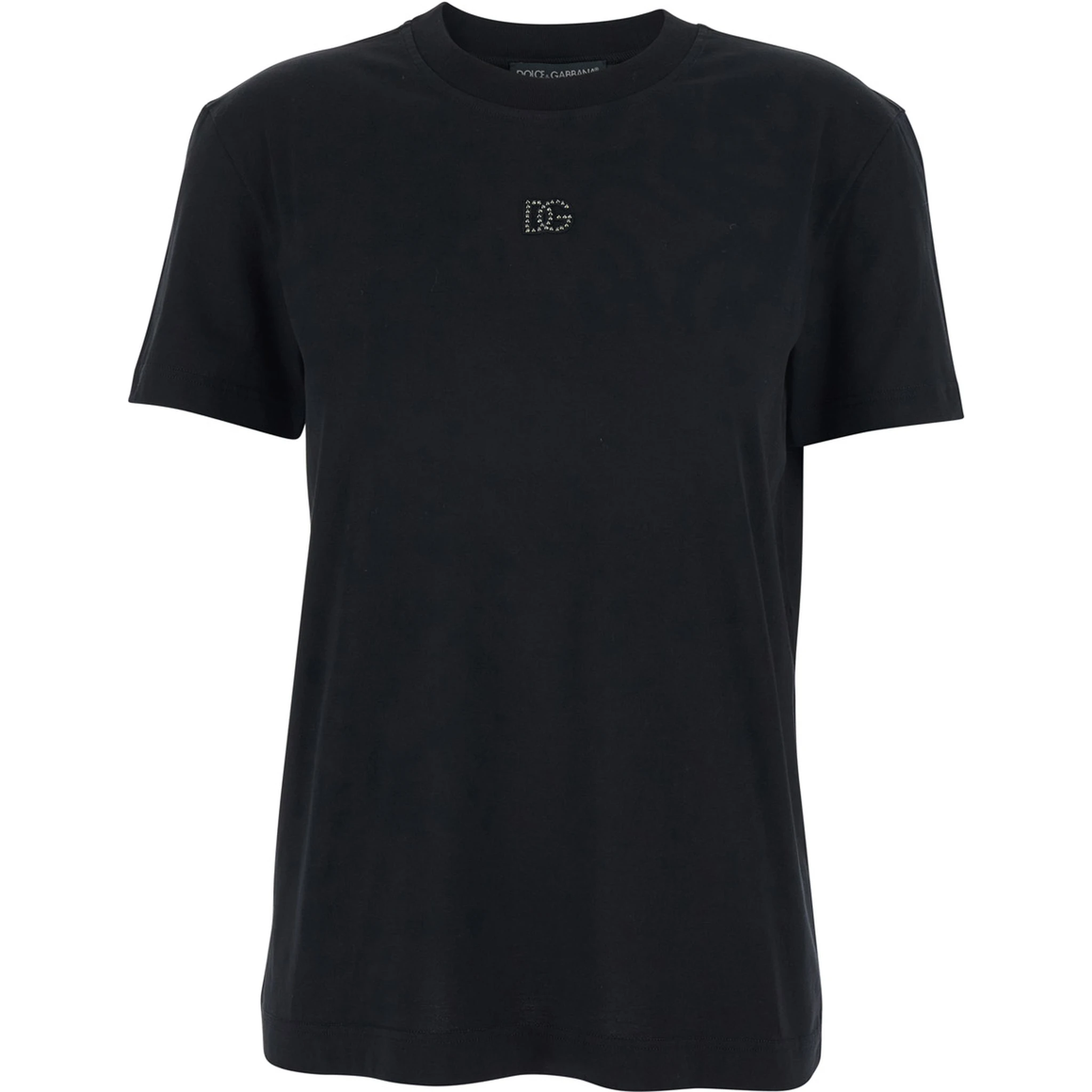 Black Crewneck T-Shirt with Logo Embroidery with Beads on the Front in Cotton Woman