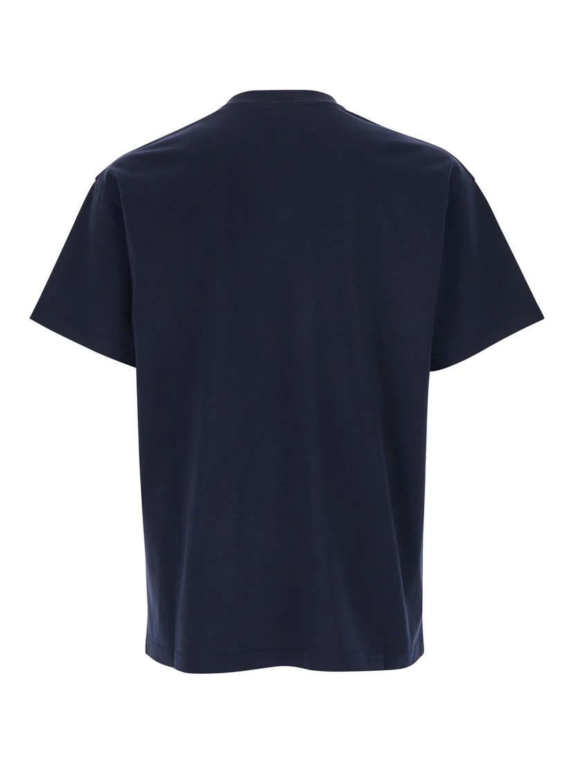 Blue Crew Neck T-Shirt with Chest Logo Patch in Cotton Man