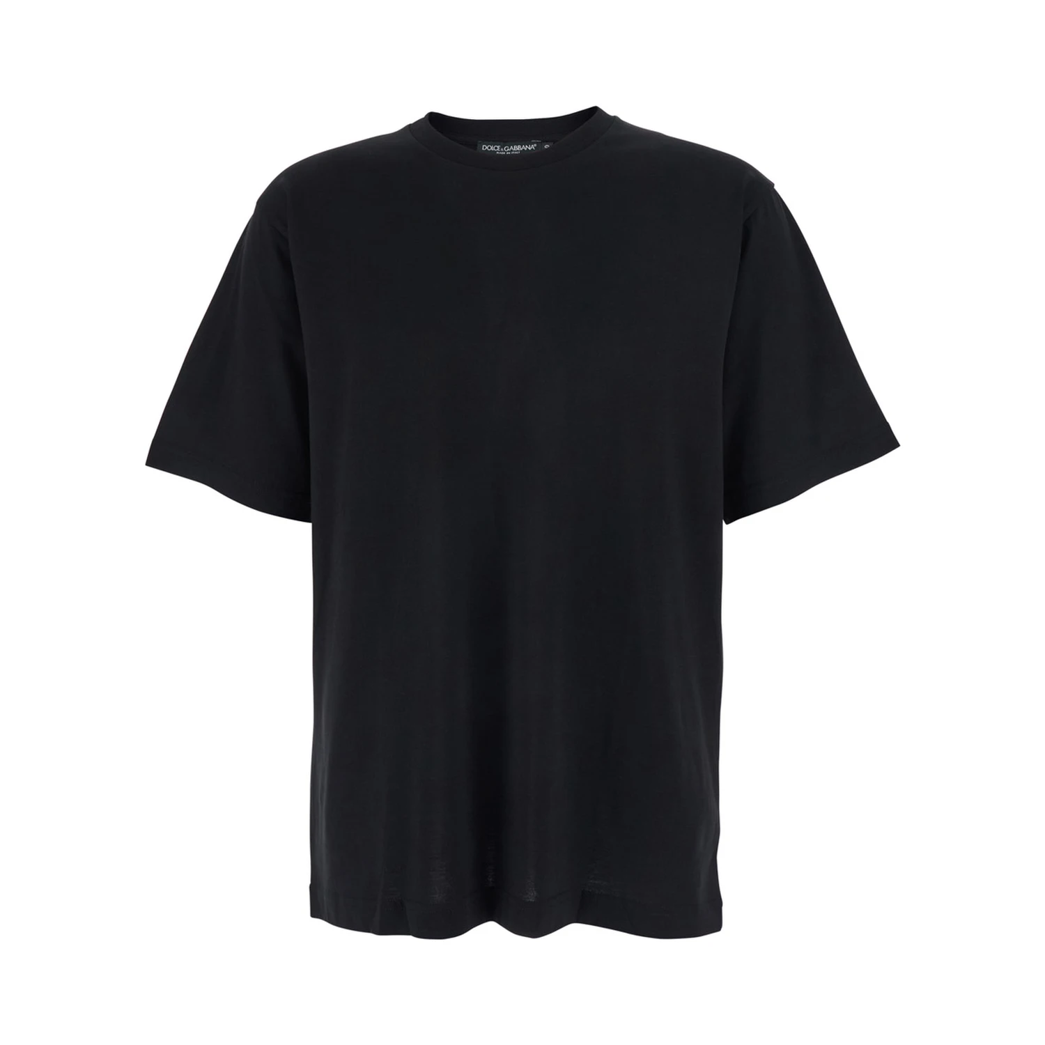 Black Crew Neck T-Shirt with Back Logo Patch in Cotton Man