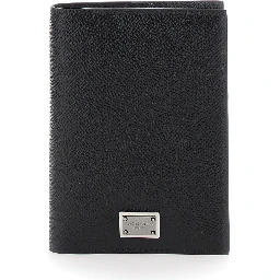 Black Card Holder with Logo Plaque on the Front in Grained Leather Man