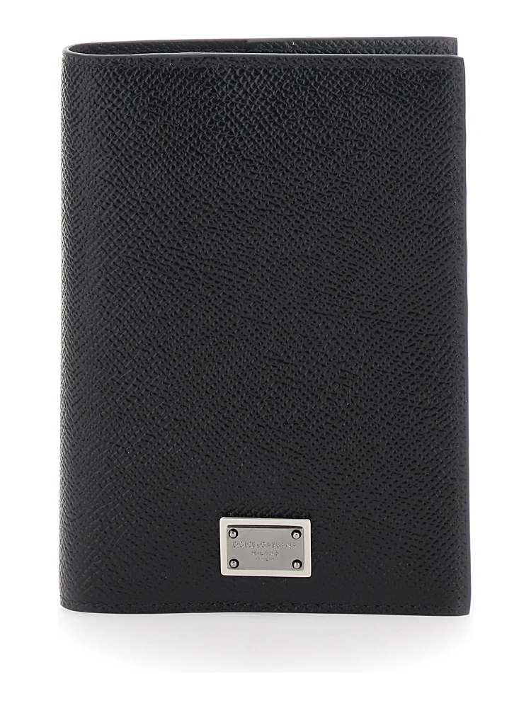 Black Card Holder with Logo Plaque on the Front in Grained Leather Man