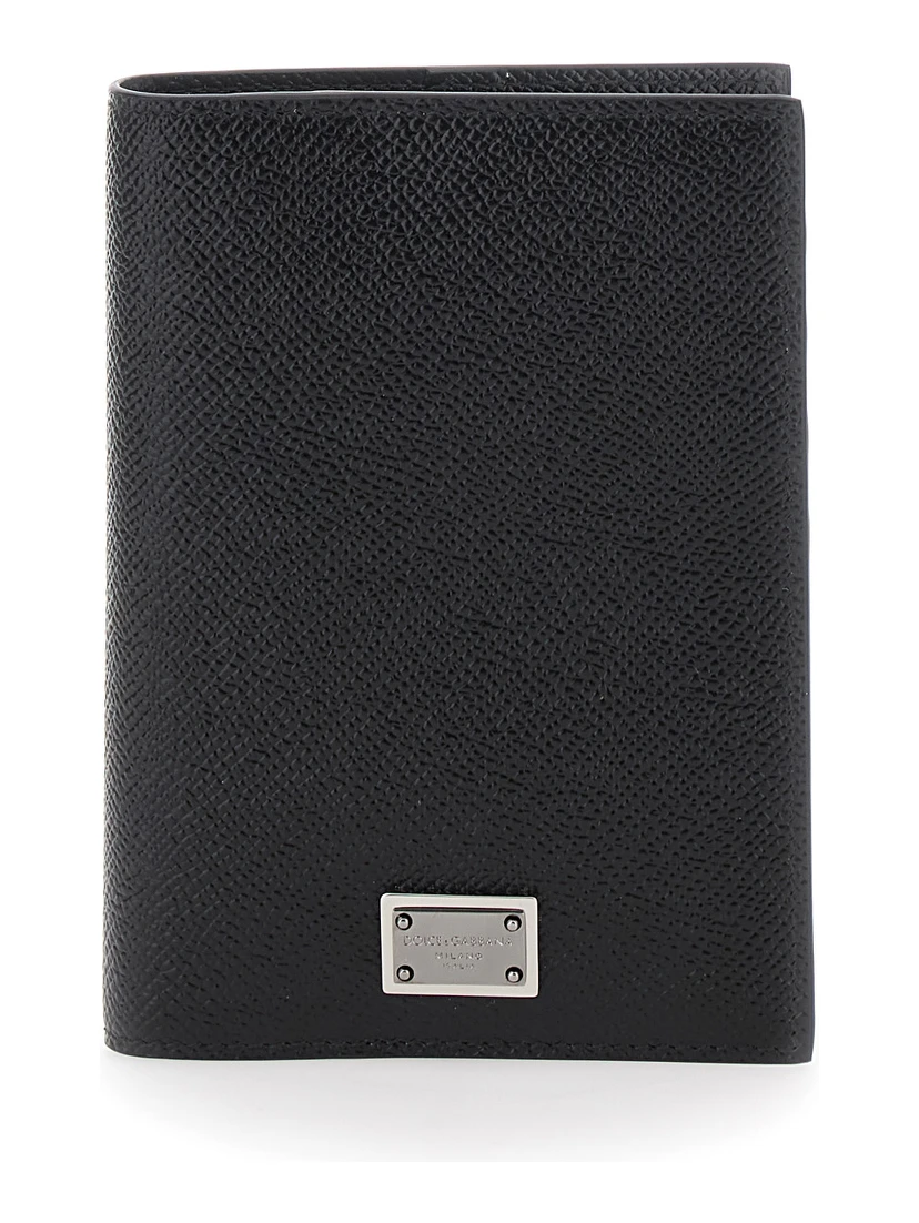 Black Card Holder with Logo Plaque on the Front in Grained Leather Man