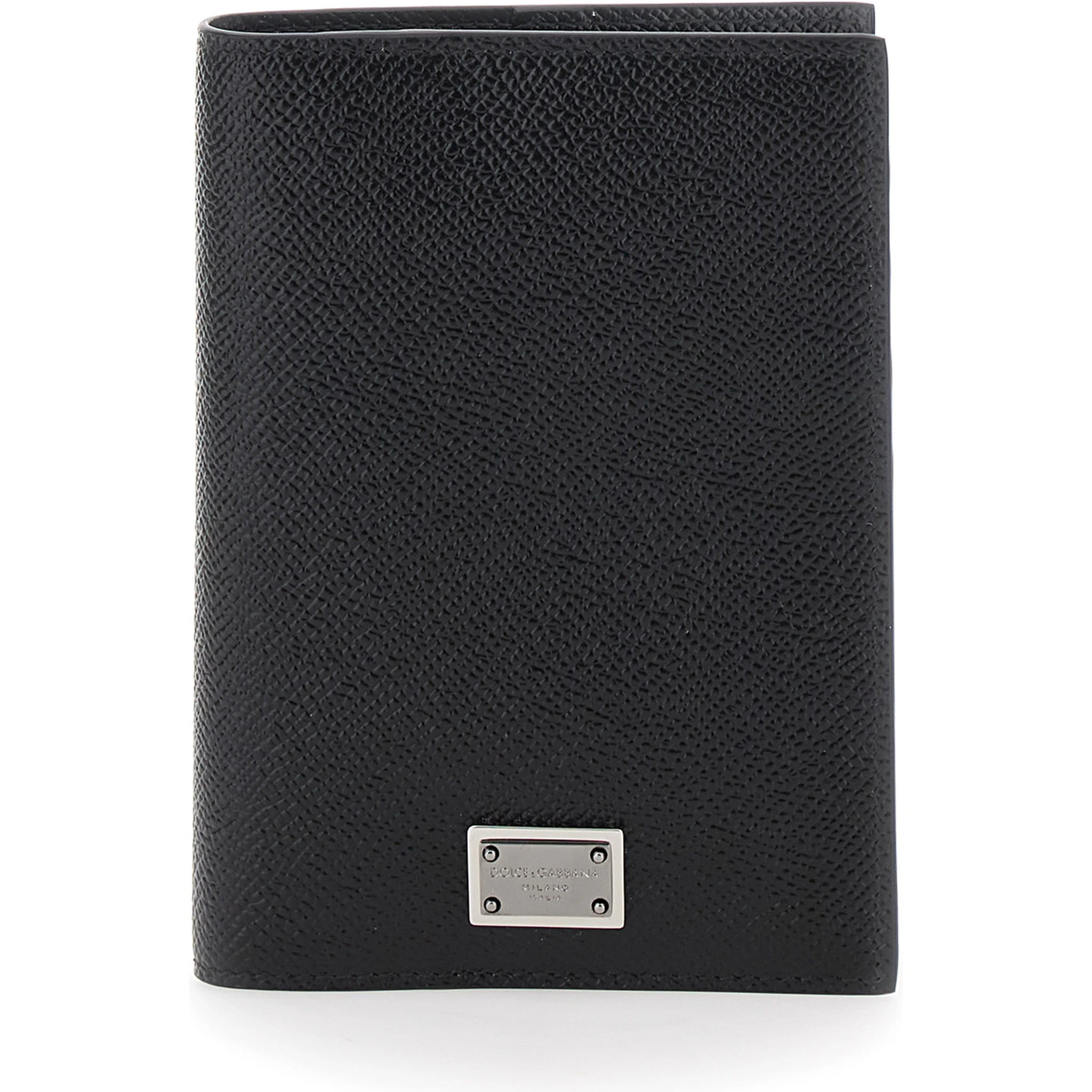 Black Card Holder with Logo Plaque on the Front in Grained Leather Man
