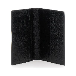 Black Card Holder with Logo Plaque on the Front in Grained Leather Man