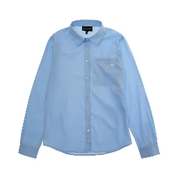 Blue Shirt with Classic Collar and Embroidered Logo on the Front in Cotton Boy