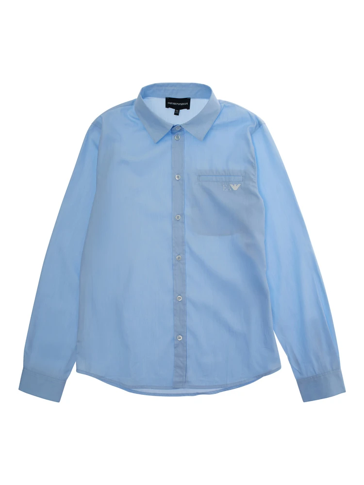 Blue Shirt with Classic Collar and Embroidered Logo on the Front in Cotton Boy