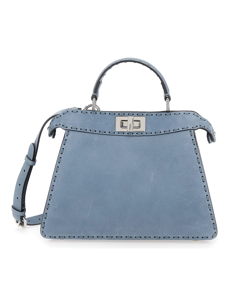Peekaboo ISeeU Small Light Blue Handbag with Shoulder Strap in Roman Leather Woman
