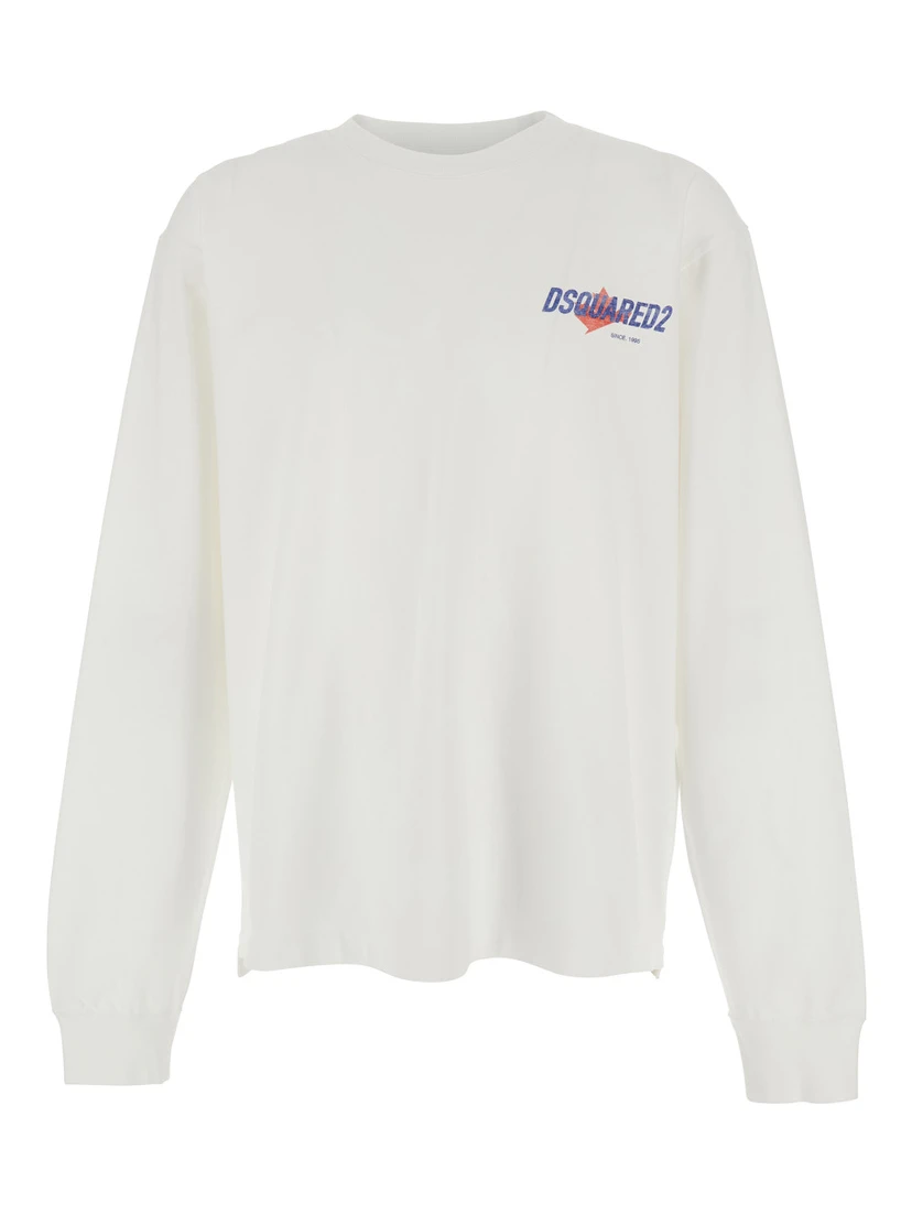 White Sweater with Logo Printed on the Chest in Cotton Man