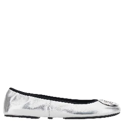 Silver Colored Ballerinas with Logo Plaque on the Front and Elasticated Design in Leather Woman