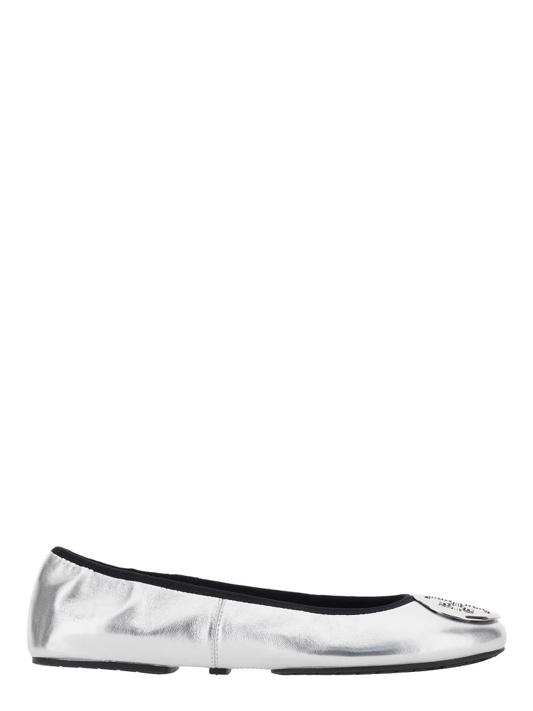 Silver Colored Ballerinas with Logo Plaque on the Front and Elasticated Design in Leather Woman