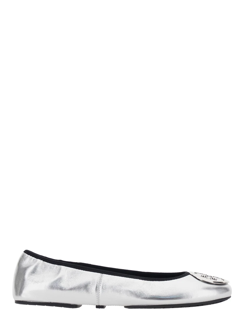 Silver Colored Ballerinas with Logo Plaque on the Front and Elasticated Design in Leather Woman