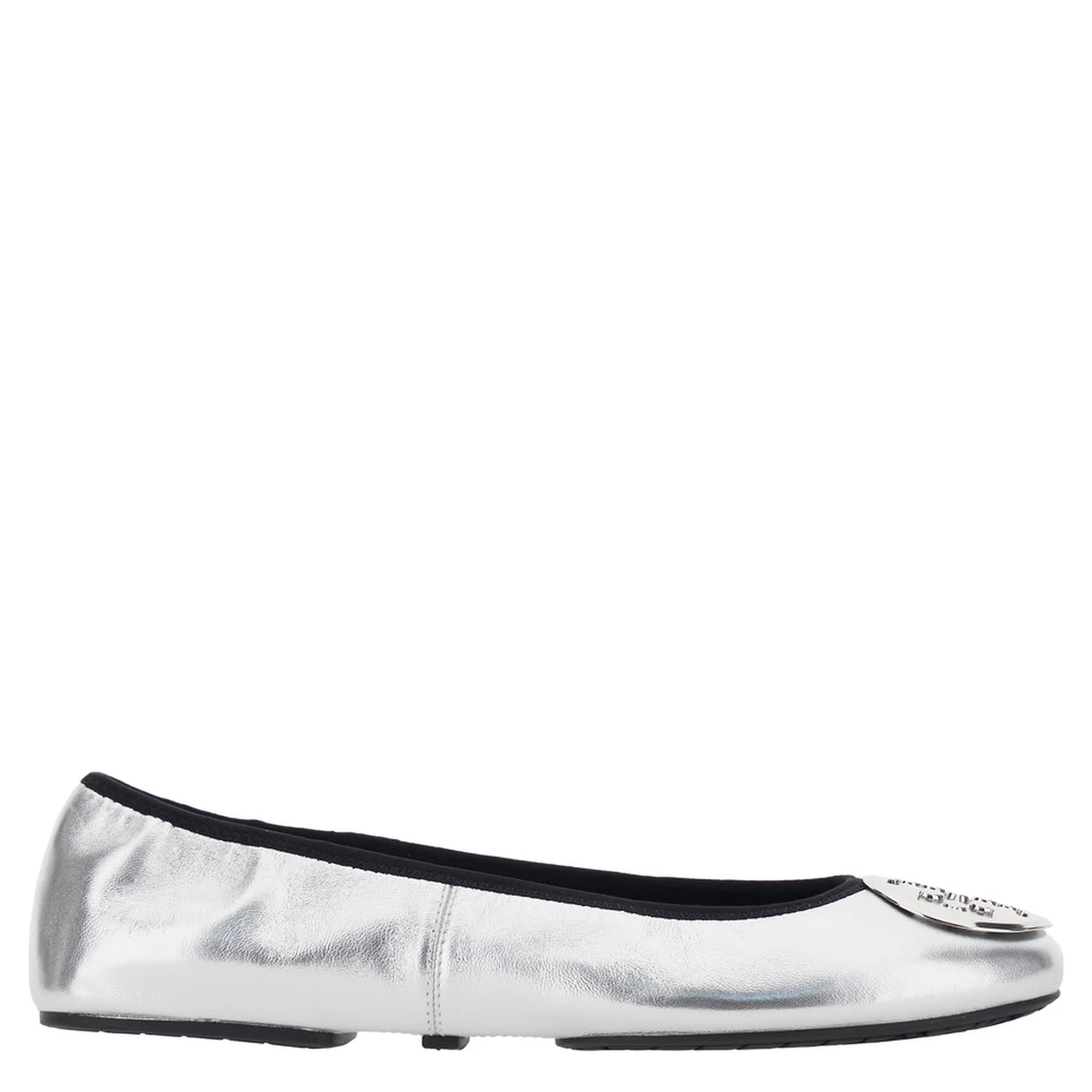 Silver Colored Ballerinas with Logo Plaque on the Front and Elasticated Design in Leather Woman