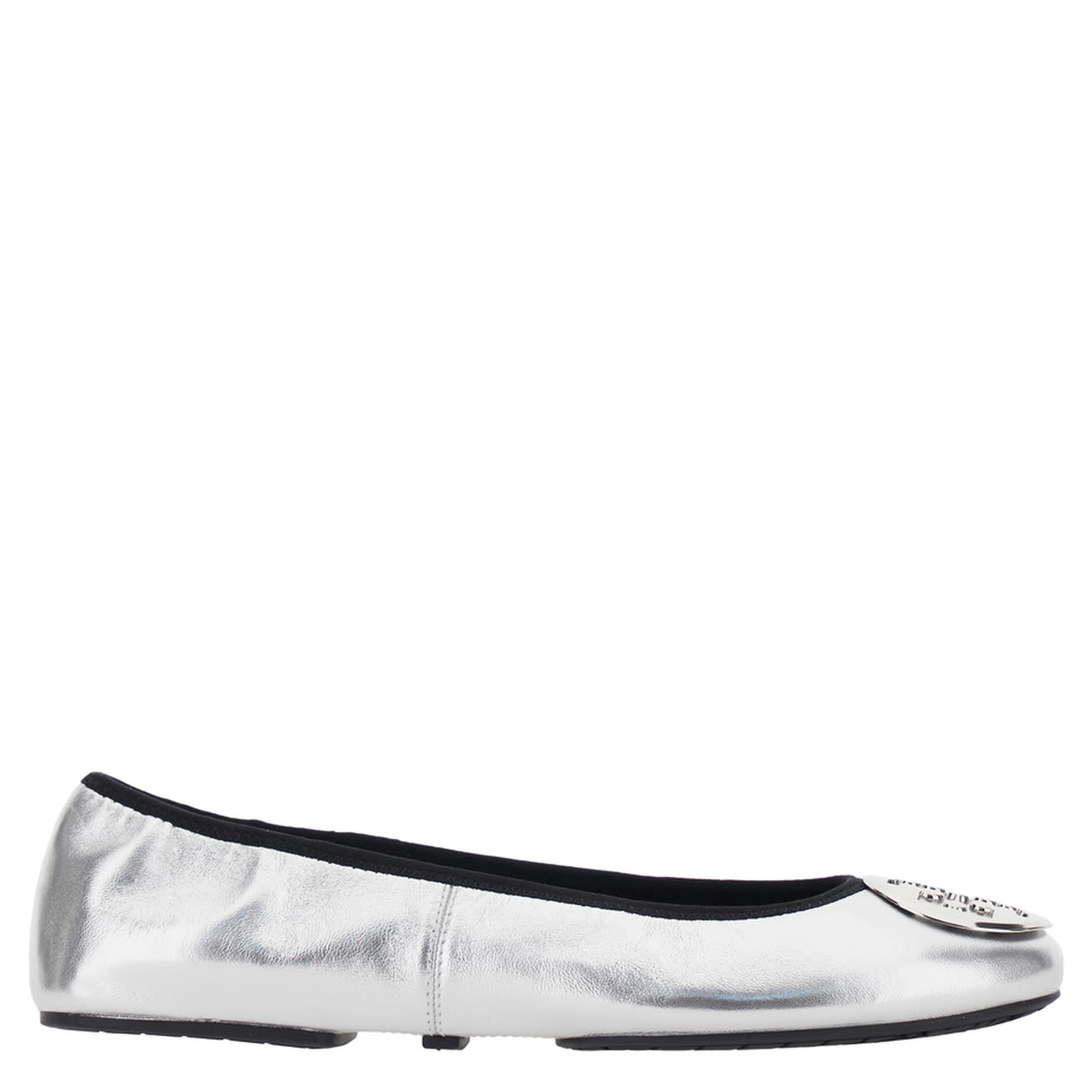 Silver Colored Ballerinas with Logo Plaque on the Front and Elasticated Design in Leather Woman