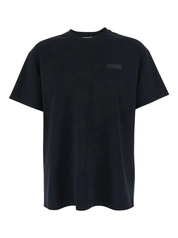 Black Crew Neck T-Shirt with Chest Logo Patch in Cotton Man