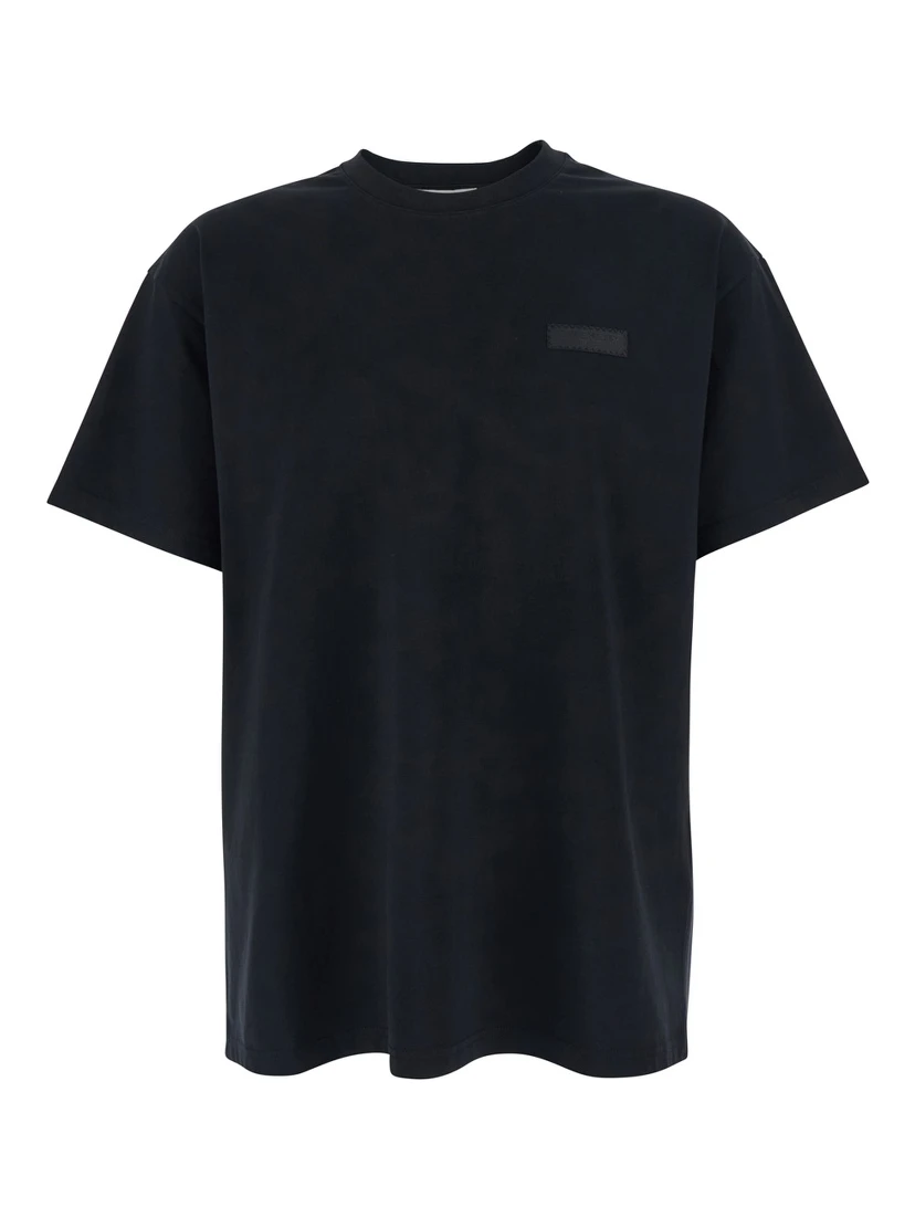 Black Crew Neck T-Shirt with Chest Logo Patch in Cotton Man
